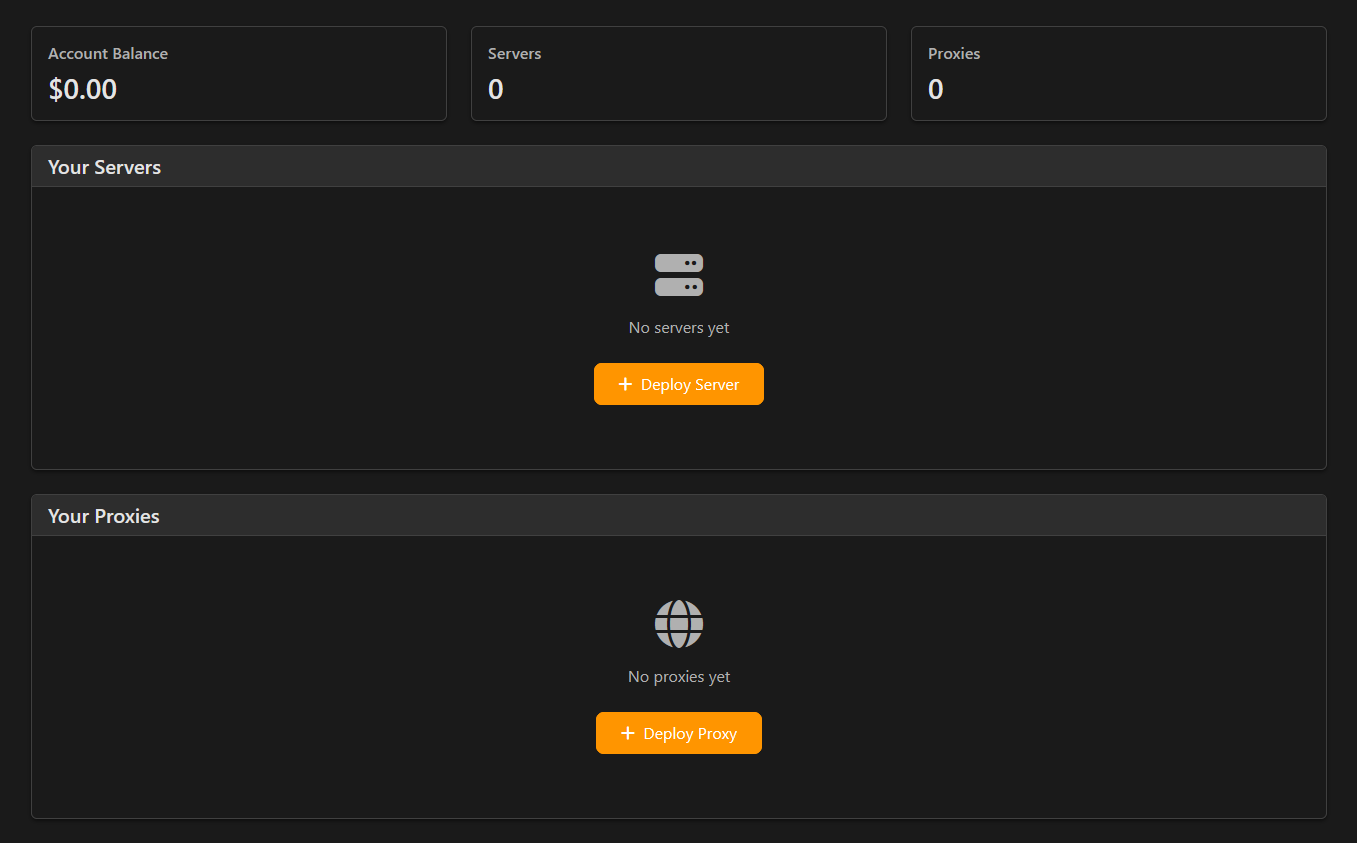 Servury user dashboard - minimal interface showing only essential service controls